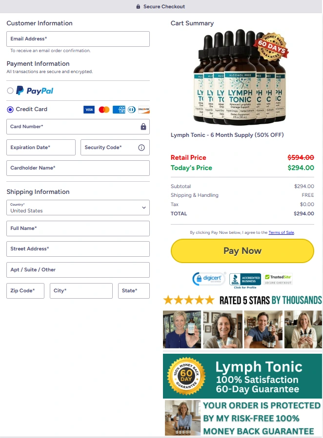 Lymph Tonic secure checkout — SSL encrypted, Visa, Mastercard, AmEx, PayPal